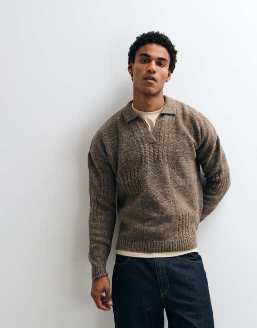 ASOS DESIGN maglia relaxed con scollo con intaglio e dettaglio a quadri marrone, 1 di 5