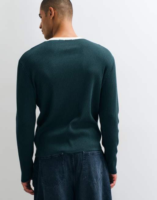 ASOS DESIGN maglia rilassata a coste con colletto a contrasto verde, 5 di 5