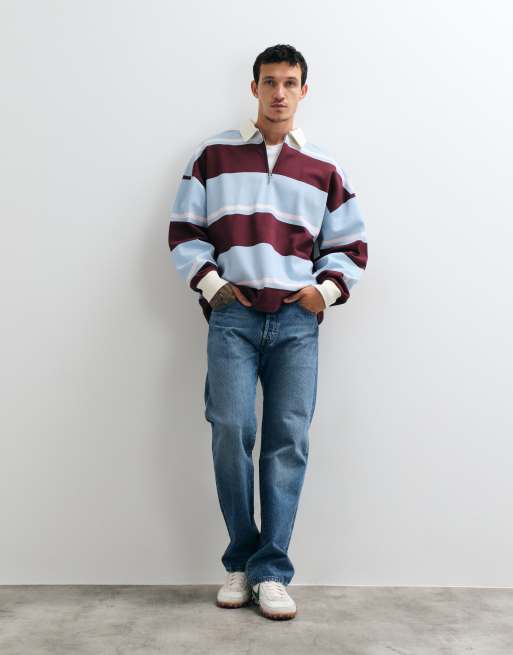 ASOS DESIGN maglia rugby oversize con mezza zip, abbottonatura sovrapposta e righe stampate blu e bordeaux, 3 di 5