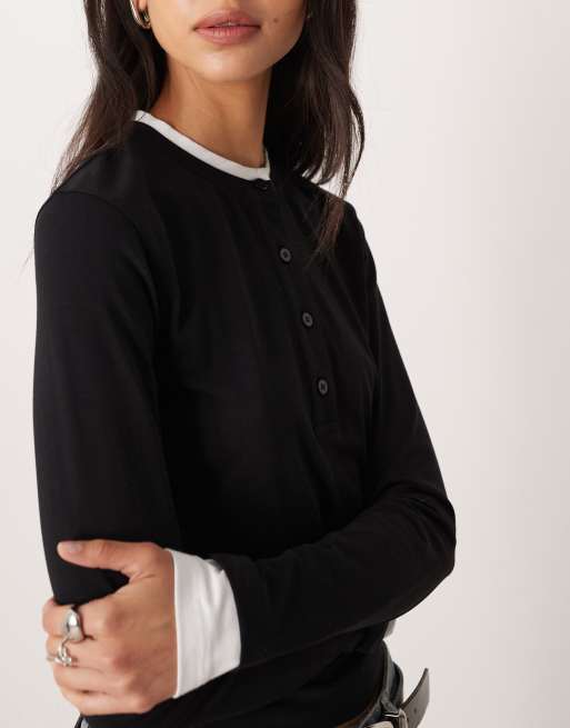 ASOS DESIGN - Maglia serafino a maniche lunghe a doppio strato bianca e nera monocromatica, 3 di 4