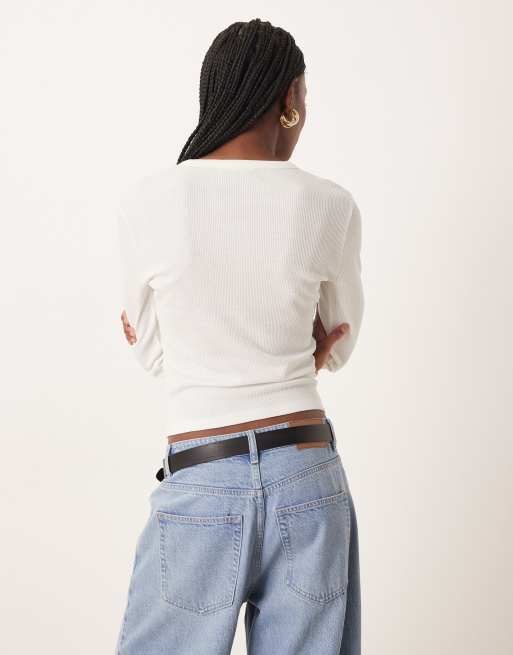 ASOS DESIGN - Maglia serafino attillata a maniche lunghe in piqué color crema, 4 di 4