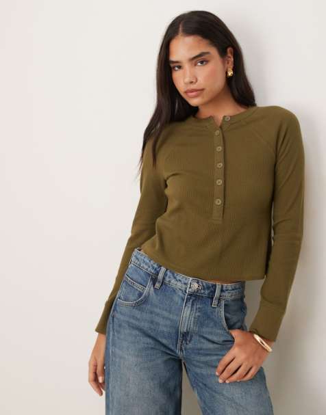 ASOS DESIGN - Maglia serafino color oliva in piqué spesso con maniche raglan - view 1