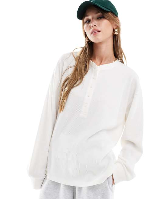 ASOS DESIGN - Maglia serafino oversize a maniche lunghe in piqué color crema