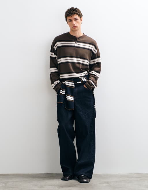 ASOS DESIGN maglia serafino oversize squadrata a righe a maniche lunghe in tessuto a nido d'ape marrone, 2 di 5