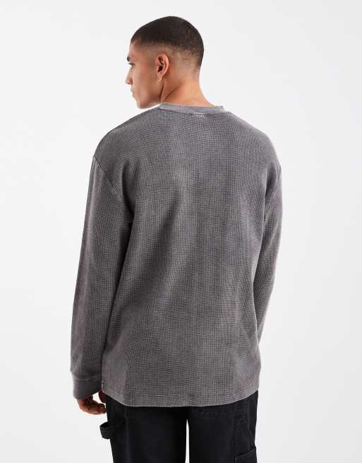 ASOS DESIGN - Maglia serafino squadrata a maniche lunghe oversize a nido d'ape nero slavato, 3 di 5