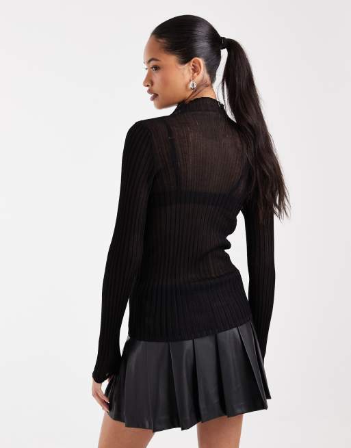 ASOS DESIGN maglia trasparente plissettata a maniche lunghe con collo alto in nero, 2 di 4