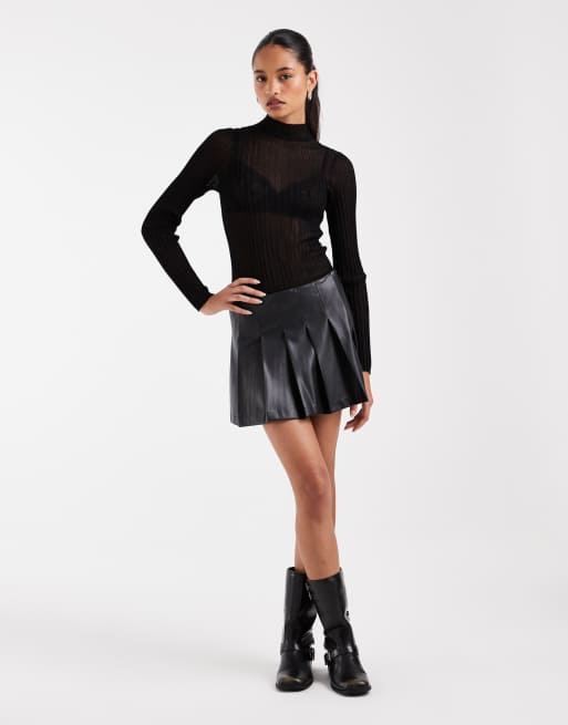 ASOS DESIGN maglia trasparente plissettata a maniche lunghe con collo alto in nero, 3 di 4