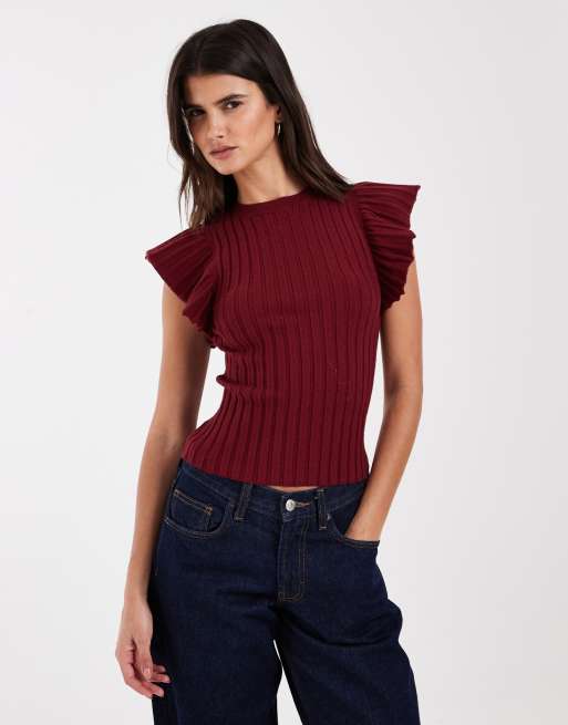 ASOS DESIGN maglietta a maniche corte in maglia a coste color prugna