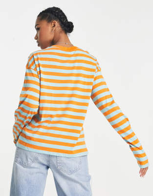 Maglietta a maniche lunghe a righe blu acqua e arancioni-Verde - Monki T-shirt donna  - immagine3