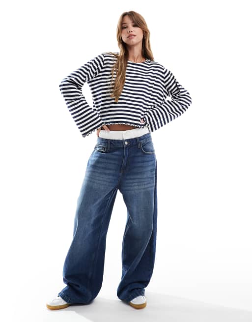 ASOS DESIGN - Maglietta a maniche lunghe a righe color bianco e blu navy con orlo smerlato, 3 di 4