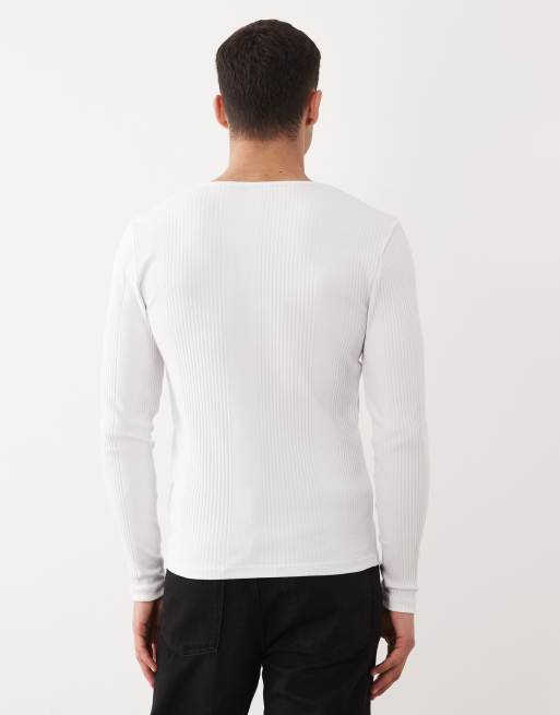 ASOS DESIGN - Maglietta a maniche lunghe attillata bianca a coste con collo serafino, 5 di 5