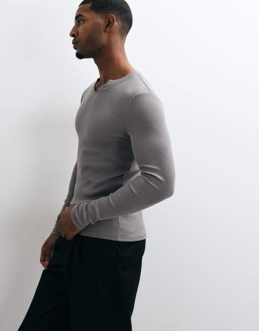ASOS DESIGN maglietta a maniche lunghe attillata con scollo a intaglio in costina grigia, 1 di 5