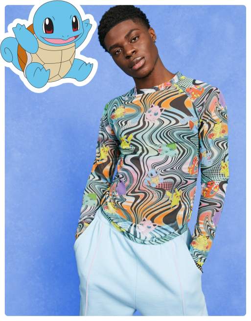 ASOS DESIGN - Maglietta a maniche lunghe attillata in rete con stampa Pokemon