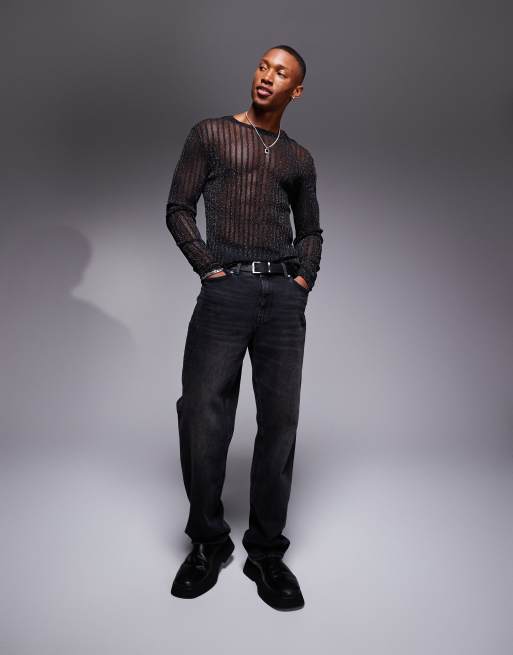 ASOS DESIGN - Maglietta a maniche lunghe attillata in rete nera glitterata a righe, 3 di 4