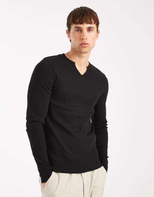 ASOS DESIGN - Maglietta a maniche lunghe attillata nera a coste con scollo a intaglio