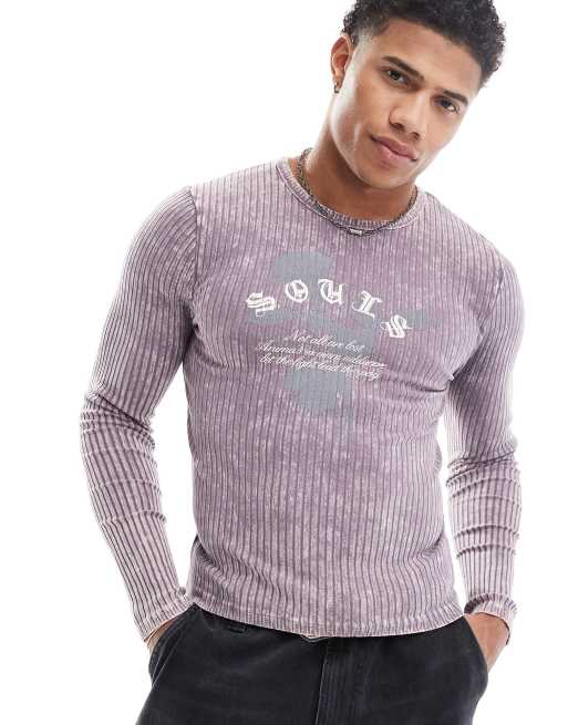 ASOS DESIGN - Maglietta a maniche lunghe attillata viola slavato a coste con stampa grunge sul davanti