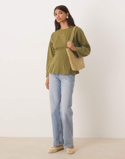ASOS DESIGN - Maglietta a maniche lunghe color kaki con cuciture in vita, 2 di 4