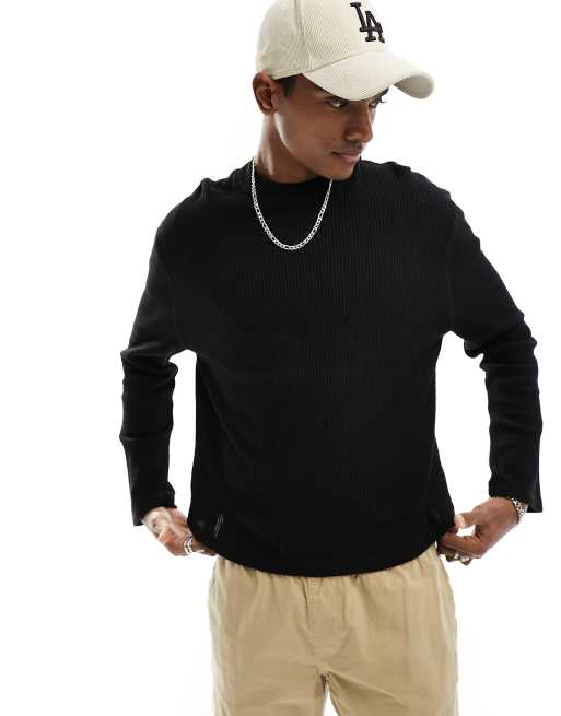 ASOS DESIGN - Maglietta a maniche lunghe comoda nera a nido d'ape