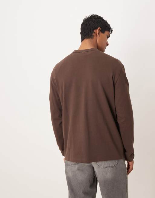 ASOS DESIGN - Maglietta a maniche lunghe comoda pesante marrone soffice con scollo serafino in cotone pettinato , 3 di 5