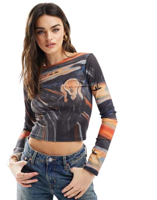 ASOS DESIGN - Maglietta a maniche lunghe corta in rete con stampa de L'Urlo