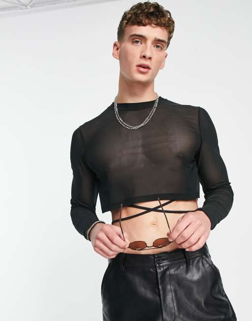 ASOS DESIGN - Maglietta a maniche lunghe corta skinny in rete nera con lacci