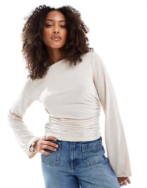 ASOS DESIGN - Maglietta a maniche lunghe écru in cupro manopesca drappeggiata in vita - view 1
