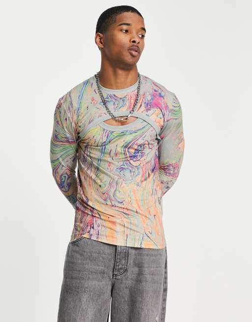 ASOS DESIGN - Maglietta a maniche lunghe multicolore con cut-out sul davanti