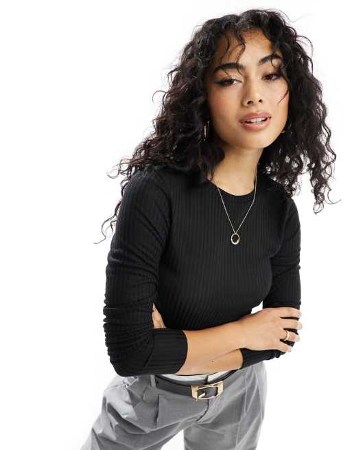 ASOS DESIGN - Maglietta a maniche lunghe nera a coste trasparenti