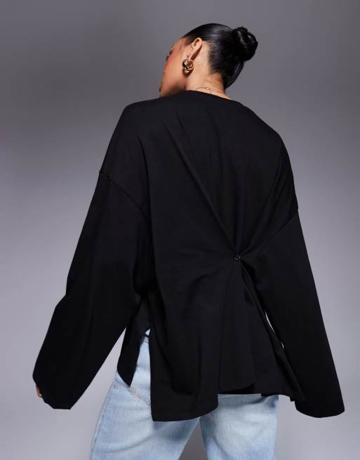 ASOS DESIGN - Maglietta a maniche lunghe nera con nodo sul retro, 3 di 4