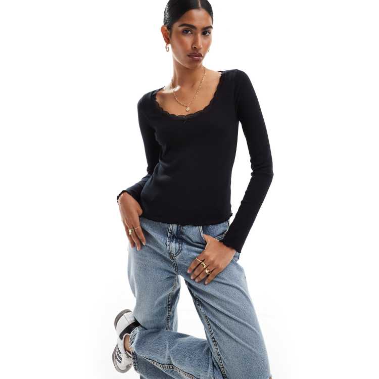 Koroshi Maglietta Donna A Maniche Lunghe Con Pizzo E Scollo Rotondo - Eleganza Femminile In Nero, 100% Poliestere - 4