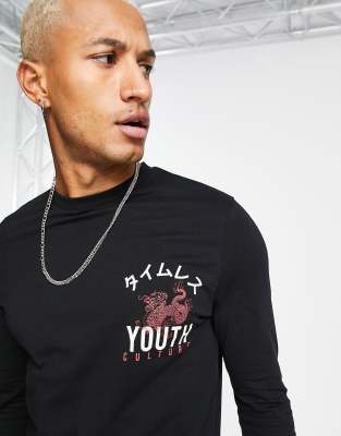 ASOS DESIGN - Maglietta a maniche lunghe nera con stampa sul petto