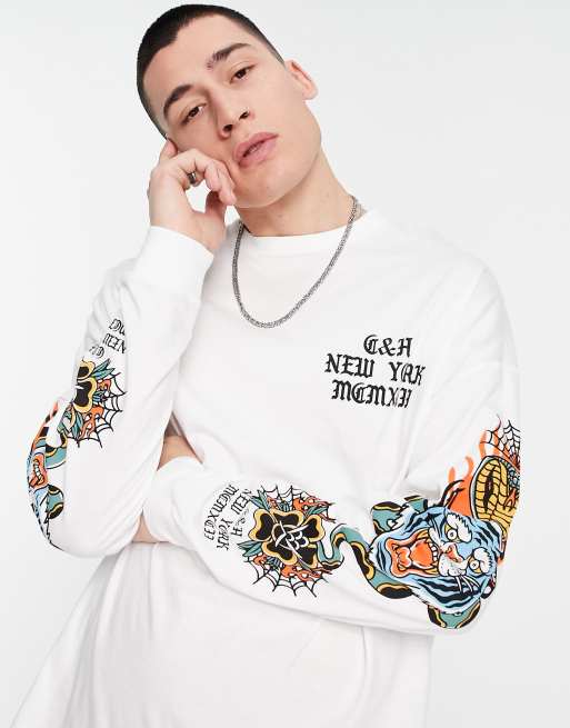 ASOS DESIGN - Maglietta a maniche lunghe oversize bianca con stampa stile tattoo sul petto e sulle maniche