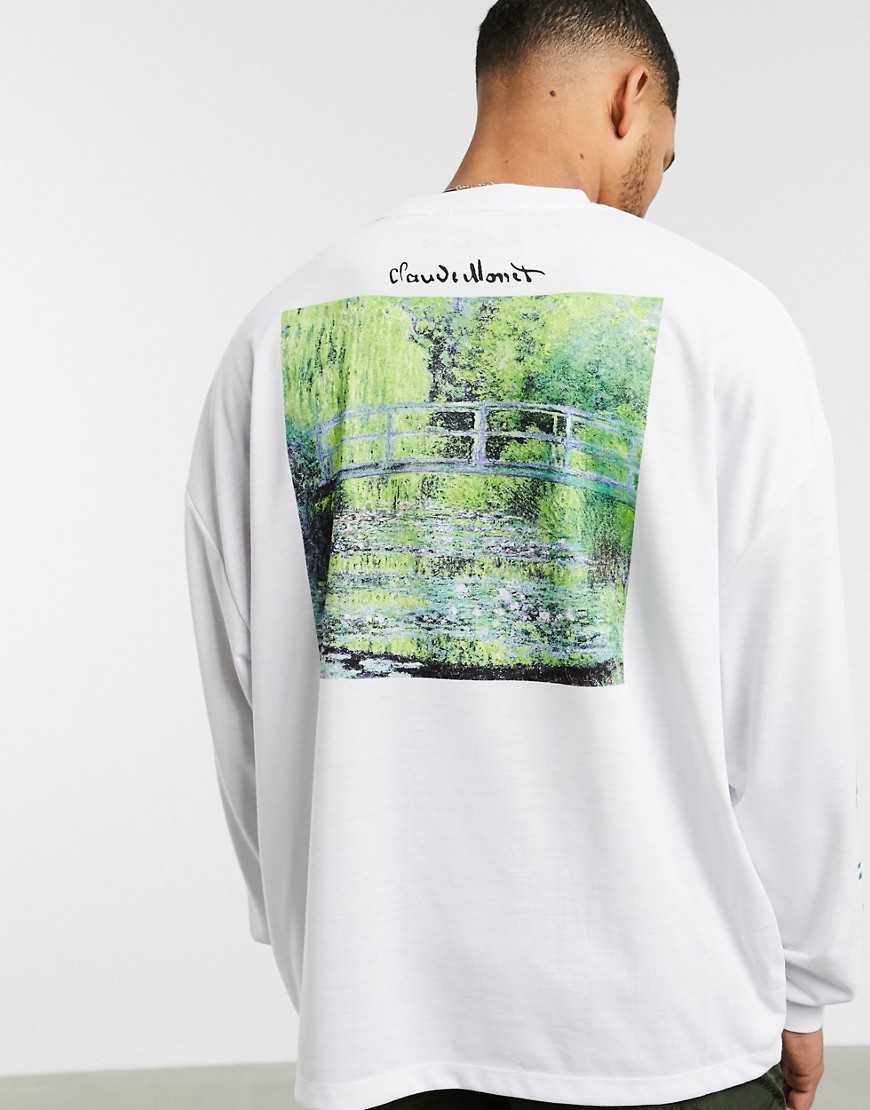 ASOS DESIGN - Maglietta a maniche lunghe oversize con stampe di Claude Monet-Bianco