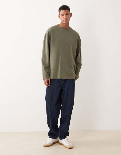ASOS DESIGN - Maglietta a maniche lunghe oversize in piqué color kaki con spalle scese, 2 di 5