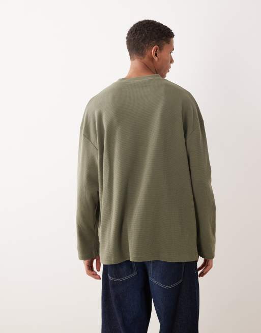 ASOS DESIGN - Maglietta a maniche lunghe oversize in piqué color kaki con spalle scese, 3 di 5