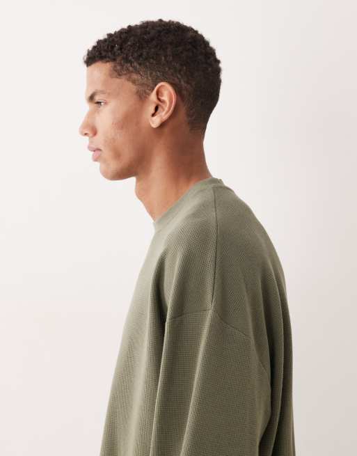 ASOS DESIGN - Maglietta a maniche lunghe oversize in piqué color kaki con spalle scese, 4 di 5