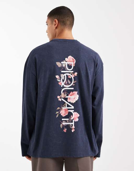 ASOS DESIGN - Maglietta a maniche lunghe oversize in tessuto pesante color blu navy slavato con stampa a fiori in verticale sul retro