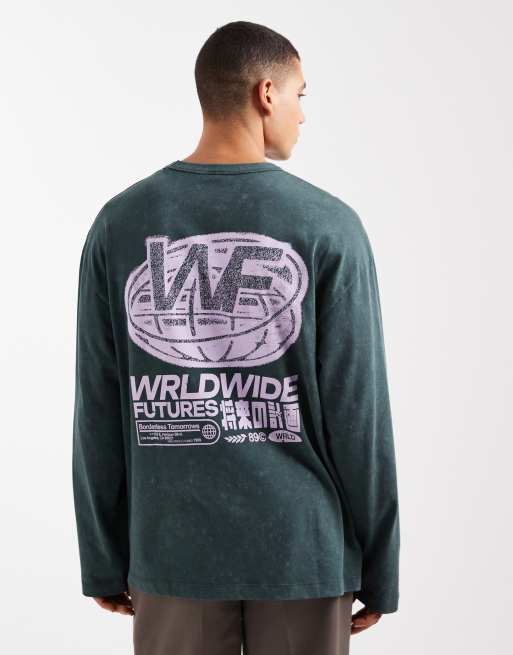ASOS DESIGN - Maglietta a maniche lunghe oversize in tessuto pesante color verde scuro slavato con stampa sul retro