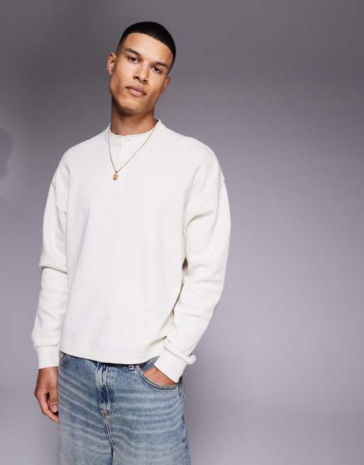 ASOS DESIGN - Maglietta a maniche lunghe oversize squadrata crema a nido d'ape con scollo serafino