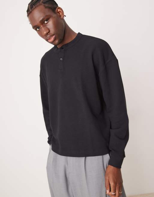 ASOS DESIGN - Maglietta a maniche lunghe oversize squadrata in tessuto a nido d'ape nero con scollo serafino