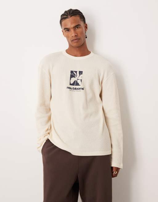 ASOS DESIGN - Maglietta a maniche lunghe pesante oversize in piqué color crema con grafiche