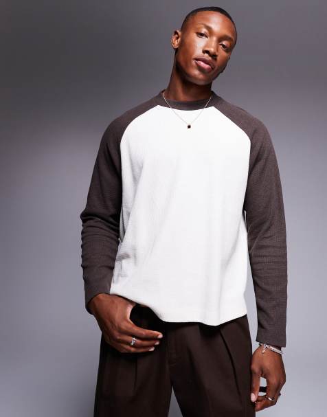 ASOS DESIGN - Maglietta a maniche lunghe raglan oversize squadrata crema e marrone - view 1