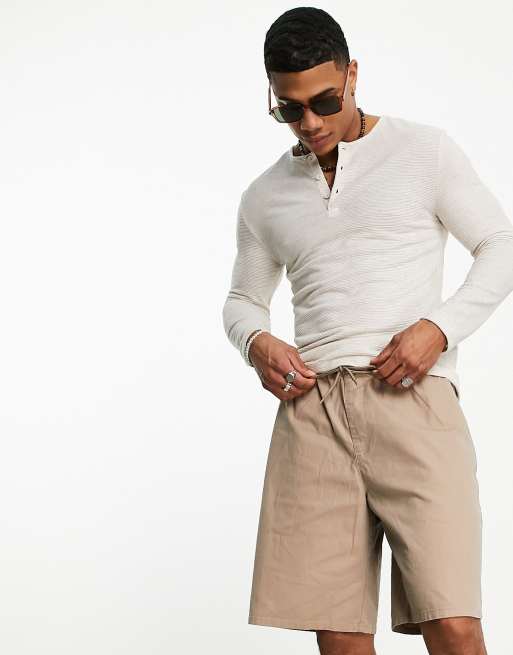 ASOS DESIGN - Maglietta a maniche lunghe skinny beige in tessuto fiammato con bottoni sul collo