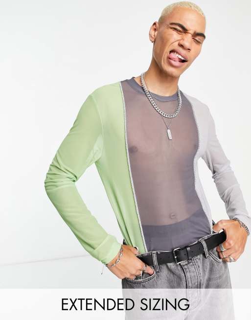 Maglietta a maniche lunghe skinny in rete grigia e verde color block Asos Uomo Abbigliamento Top e t-shirt T-shirt T-shirt a maniche lunghe 