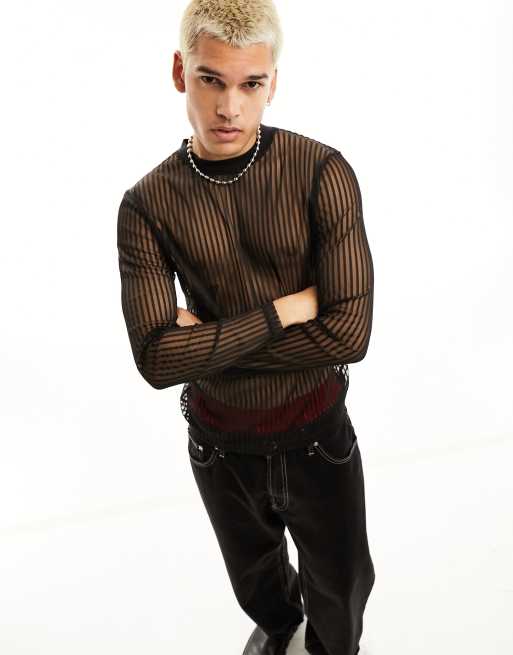 ASOS DESIGN - Maglietta a maniche lunghe skinny in rete nera a coste 