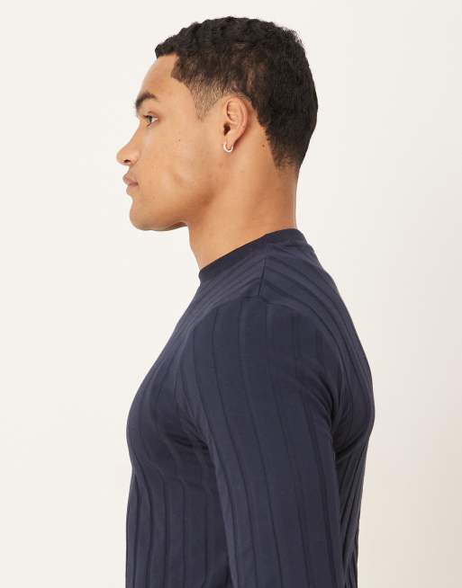 ASOS DESIGN - Maglietta a maniche lunghe slim blu navy a coste larghe  , 4 di 5