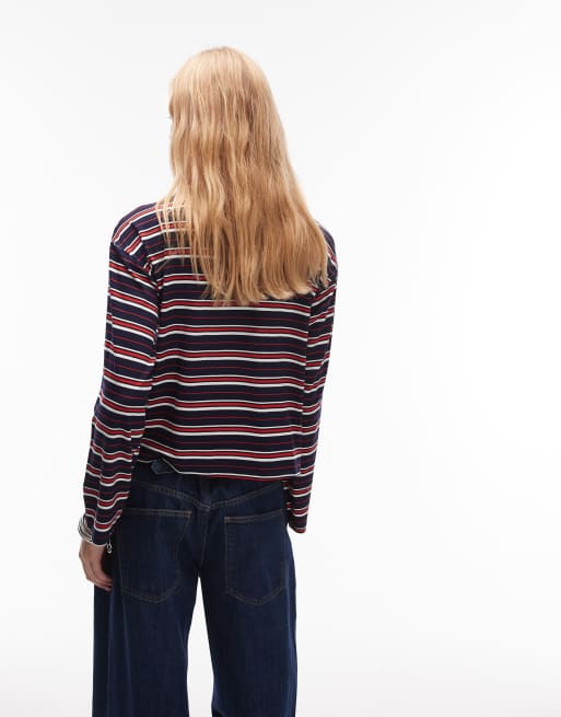 ASOS DESIGN - Maglietta a maniche lunghe squadrata blu navy a righe, 3 di 4