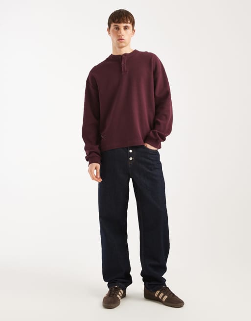ASOS DESIGN - Maglietta a maniche lunghe squadrata oversize in piqué bordeaux con collo serafino  , 2 di 5