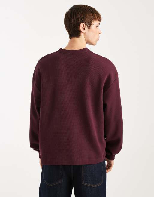 ASOS DESIGN - Maglietta a maniche lunghe squadrata oversize in piqué bordeaux con collo serafino  , 3 di 5