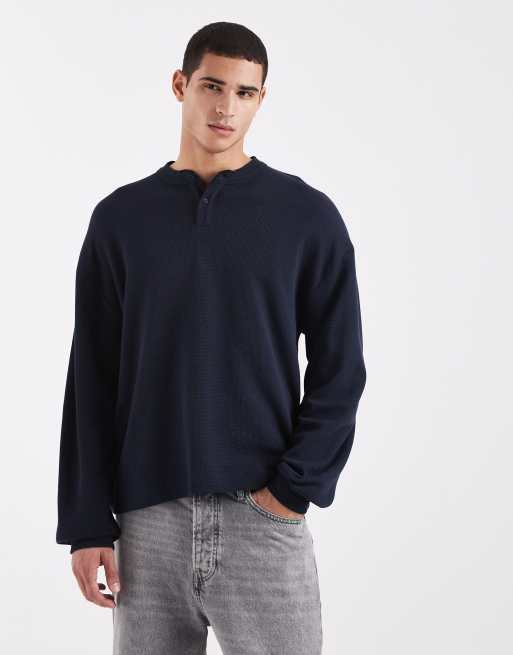 ASOS DESIGN - Maglietta a maniche lunghe squadrata oversize in piqué color blu navy con collo serafino